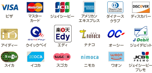 ビザ、マスターカード、ジェイシービー、アメリカンエキスプレス、ダイナースクラブ、ディスカバー、アイディー、クイックペイ、エディ、ナナコ、オーシー、ジェイデビット、スイカ、イコカ、スゴカ、ニモカ